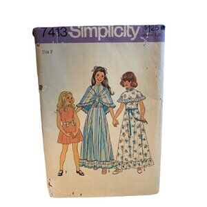 Simplicity 7413 Childrens Dress Shawl Pattern Size 7 Uncut 1970s Vintage Sewing